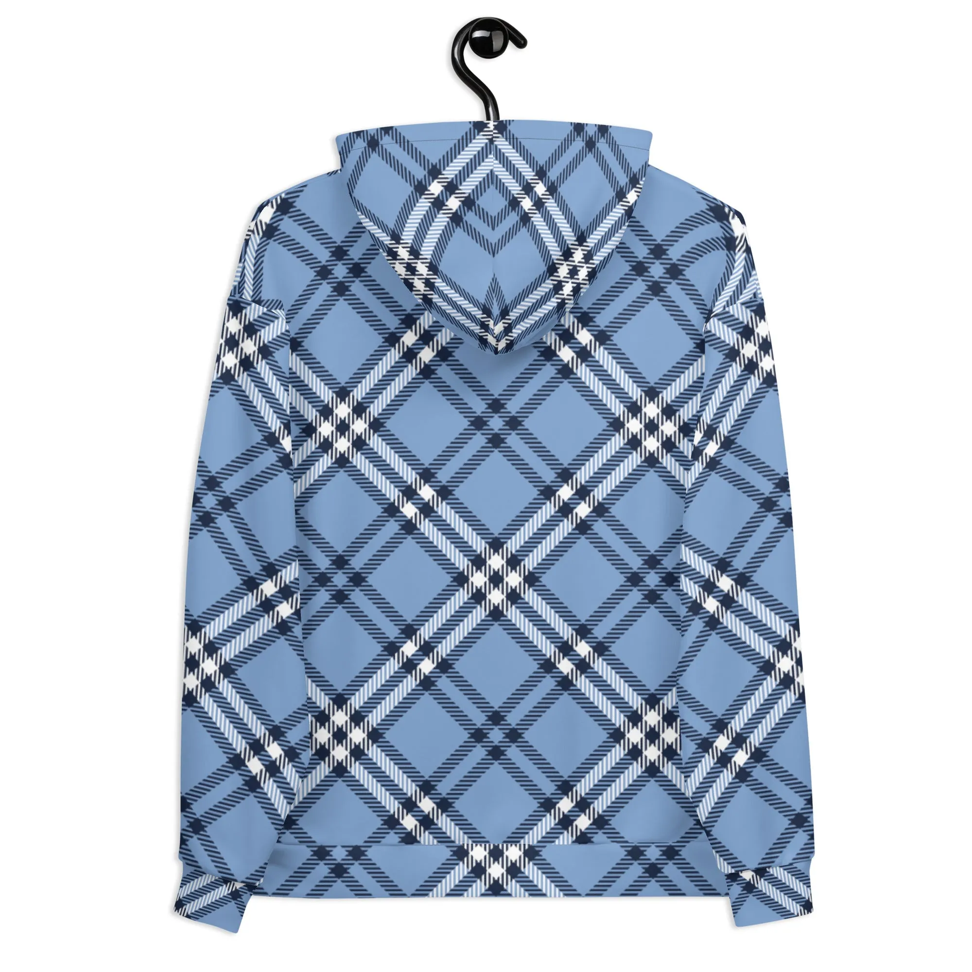 Pastel Blue Plaid Print Hoodie, Plaid Print Unisex Soft Fleece Designer Hoodie- Made in USA/MX/EU