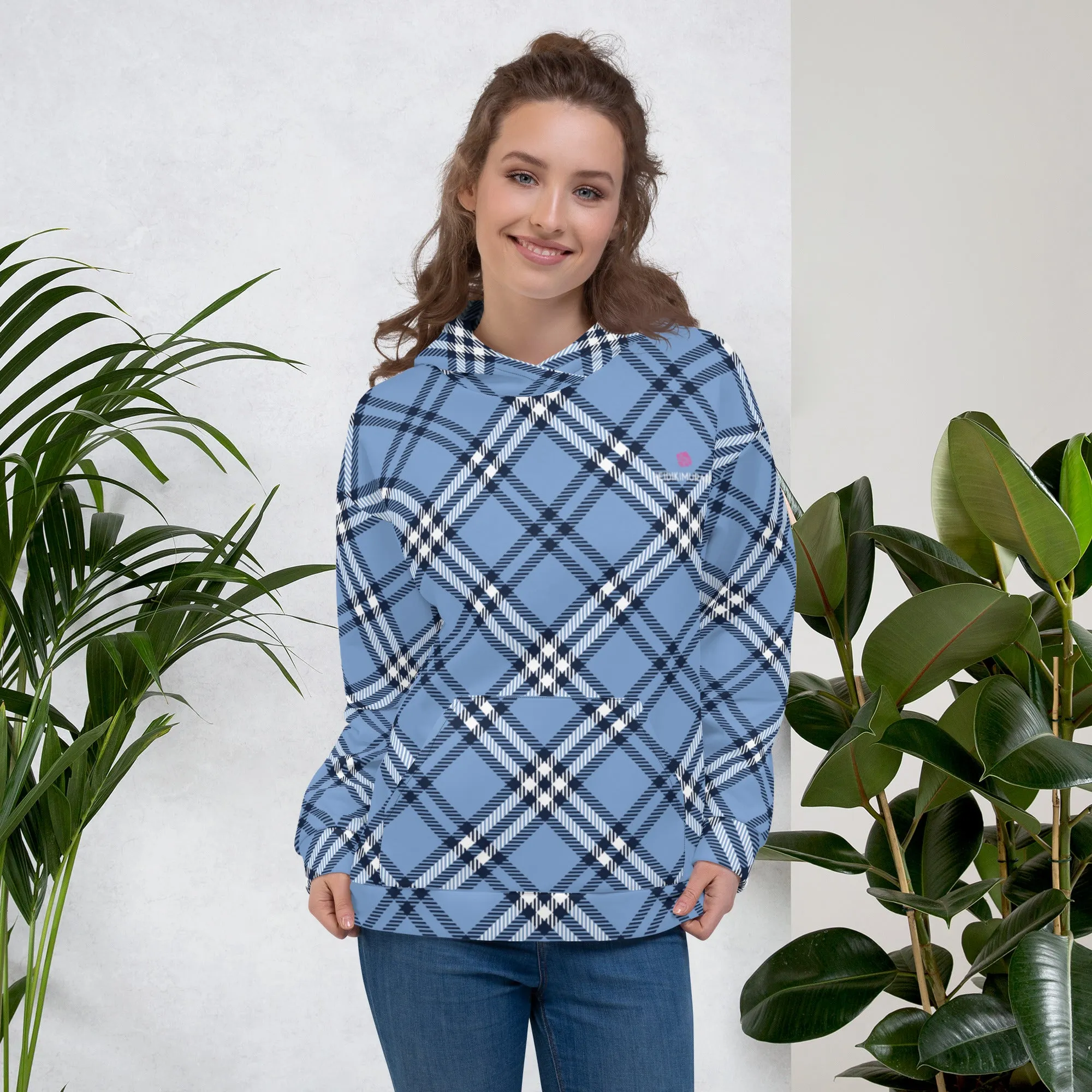 Pastel Blue Plaid Print Hoodie, Plaid Print Unisex Soft Fleece Designer Hoodie- Made in USA/MX/EU