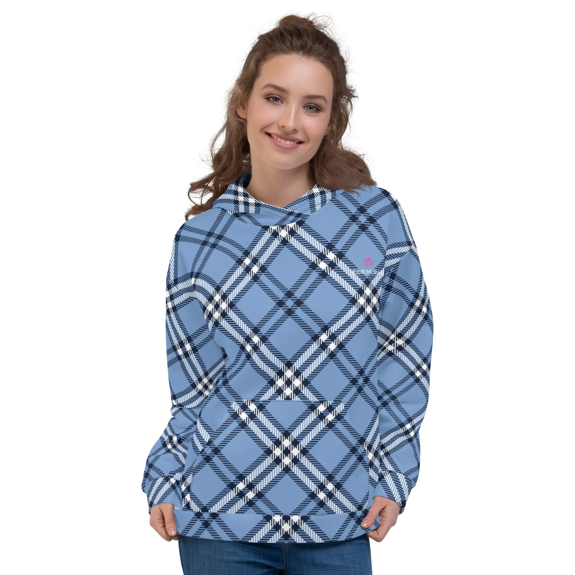 Pastel Blue Plaid Print Hoodie, Plaid Print Unisex Soft Fleece Designer Hoodie- Made in USA/MX/EU