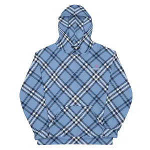 Pastel Blue Plaid Print Hoodie, Plaid Print Unisex Soft Fleece Designer Hoodie- Made in USA/MX/EU