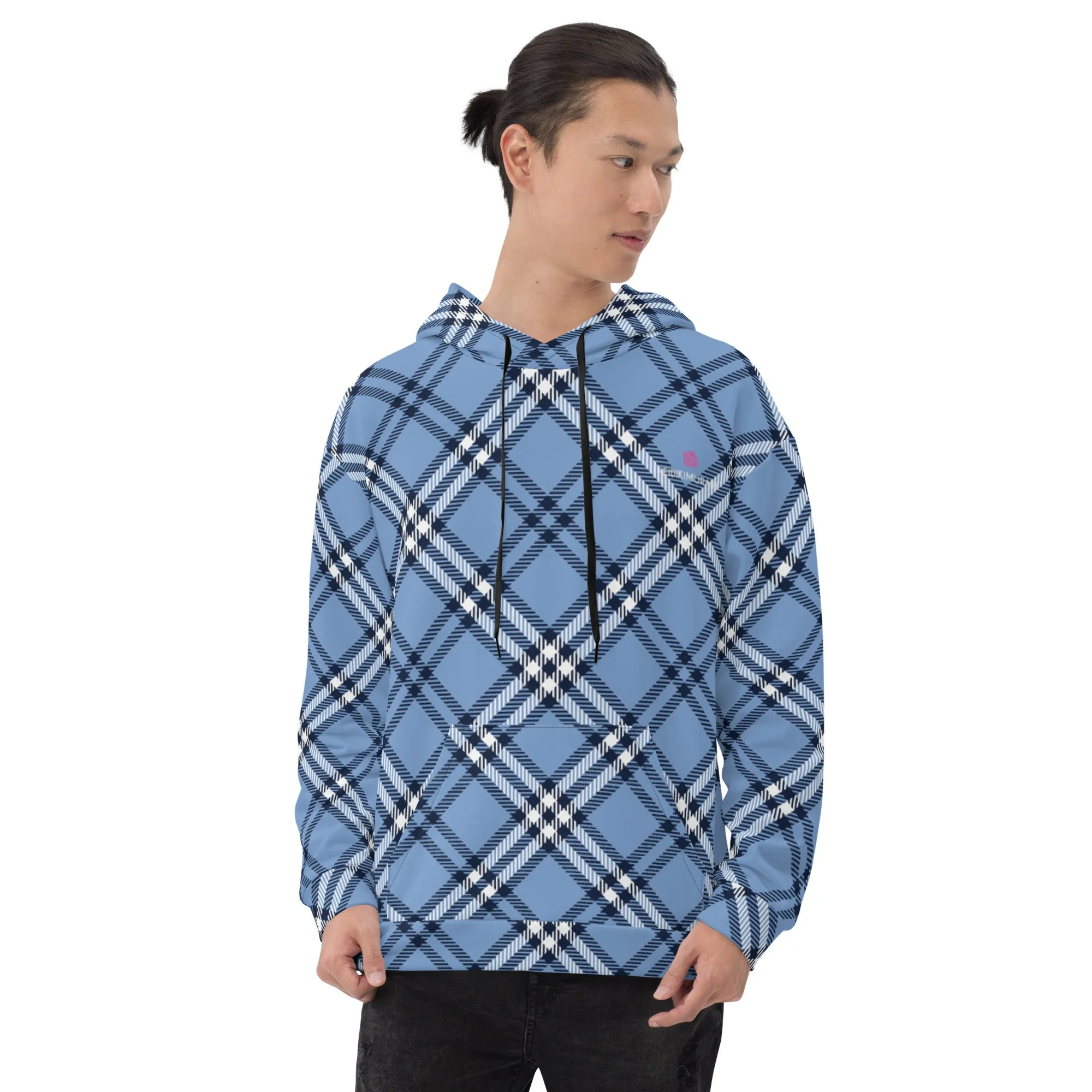 Pastel Blue Plaid Print Hoodie, Plaid Print Unisex Soft Fleece Designer Hoodie- Made in USA/MX/EU