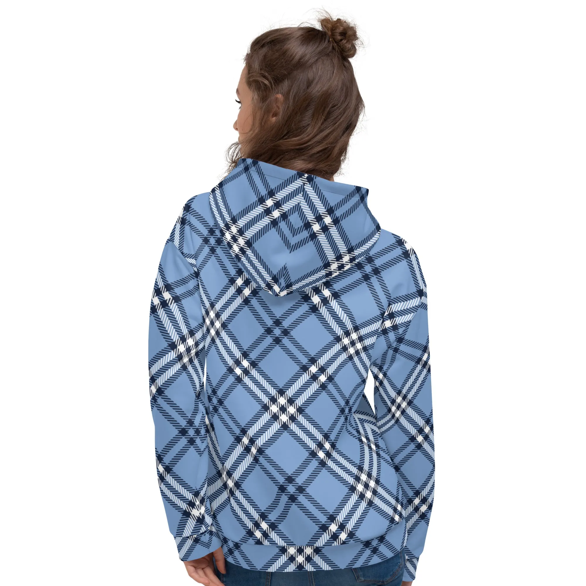 Pastel Blue Plaid Print Hoodie, Plaid Print Unisex Soft Fleece Designer Hoodie- Made in USA/MX/EU