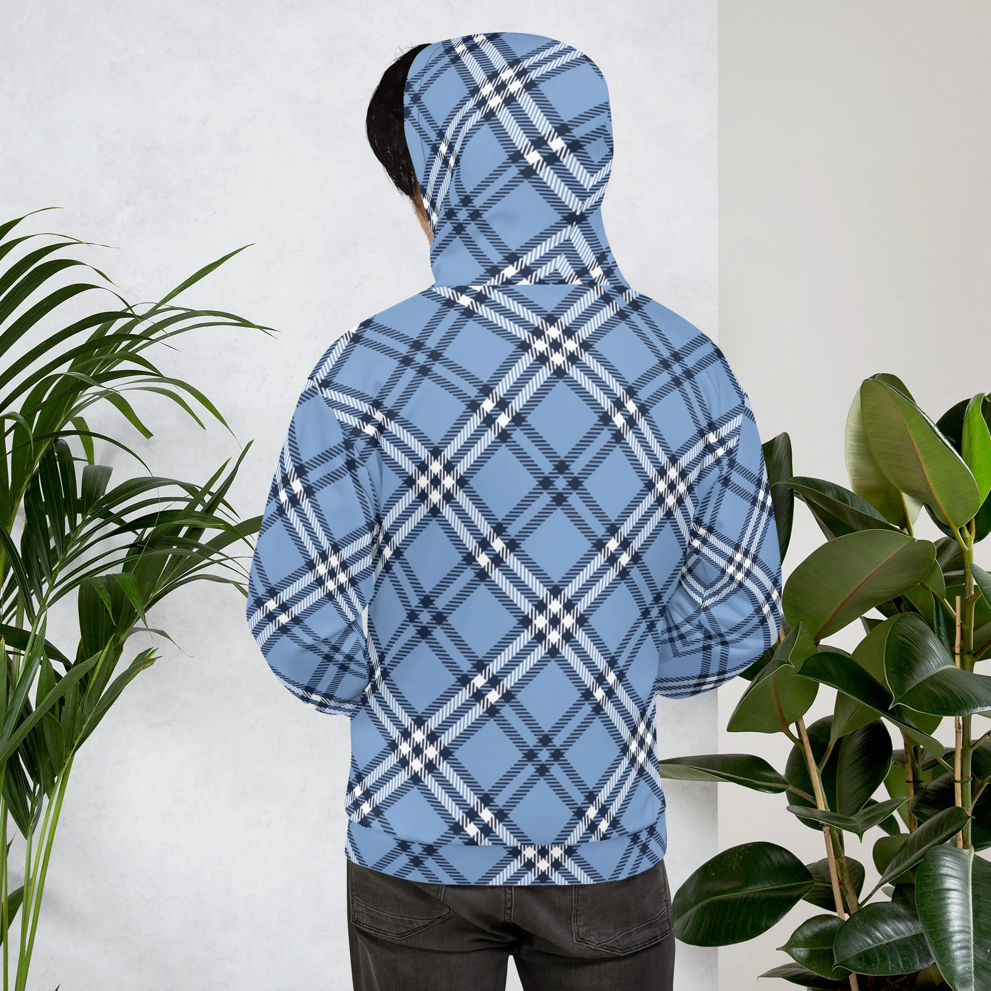 Pastel Blue Plaid Print Hoodie, Plaid Print Unisex Soft Fleece Designer Hoodie- Made in USA/MX/EU