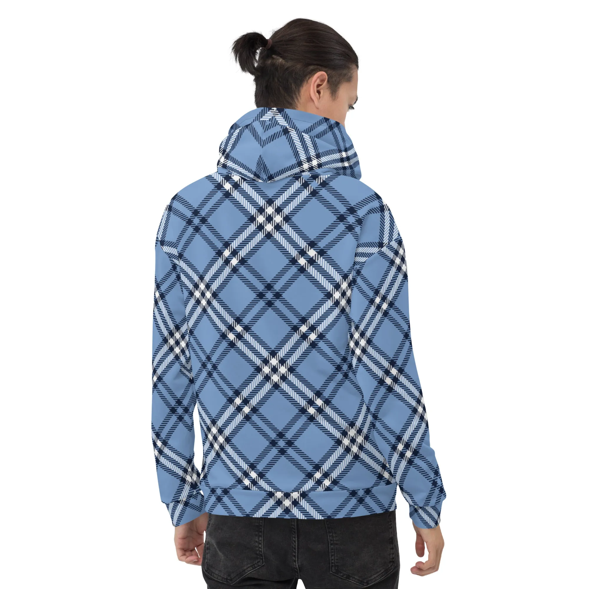 Pastel Blue Plaid Print Hoodie, Plaid Print Unisex Soft Fleece Designer Hoodie- Made in USA/MX/EU