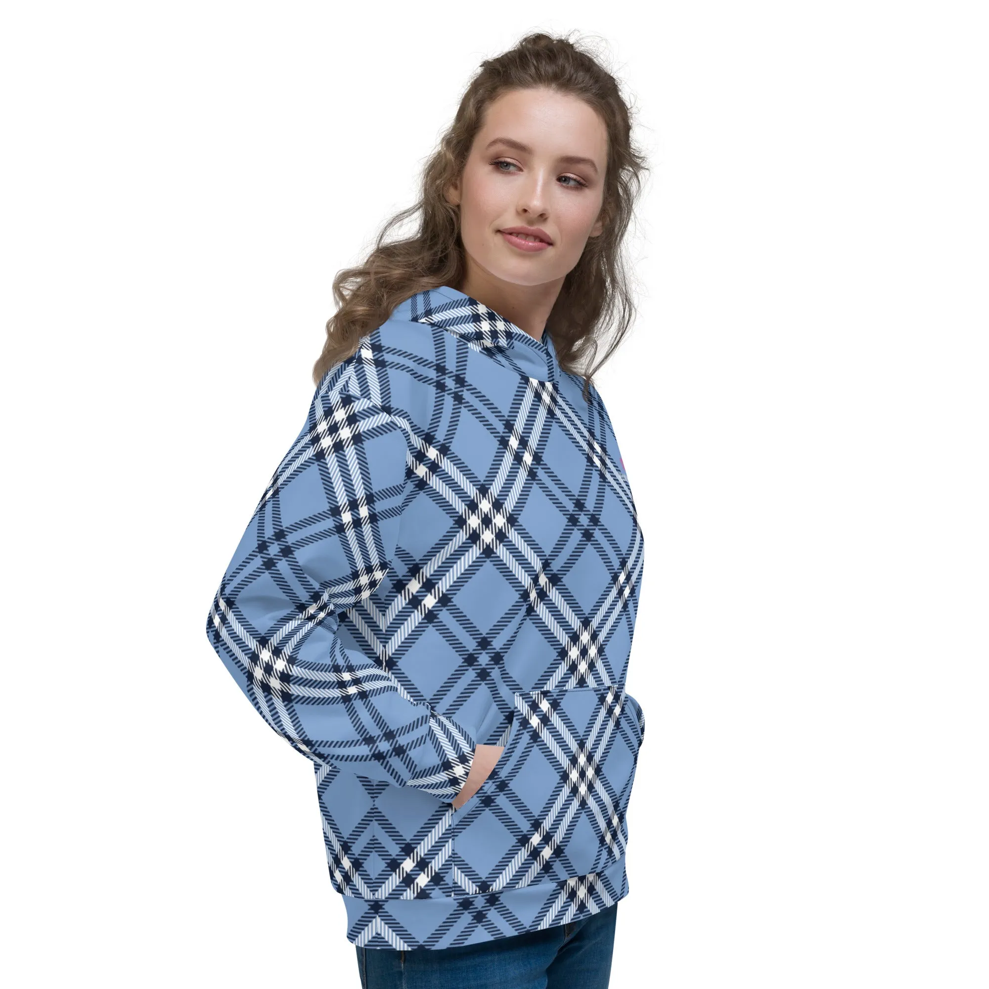 Pastel Blue Plaid Print Hoodie, Plaid Print Unisex Soft Fleece Designer Hoodie- Made in USA/MX/EU