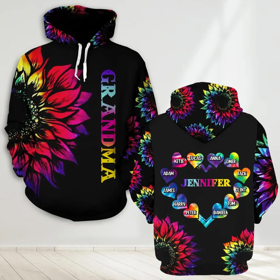 Personalized Grandma Kid Sunflower Heart Hoodie 3d Printed, Mother's Day Heart Shirt