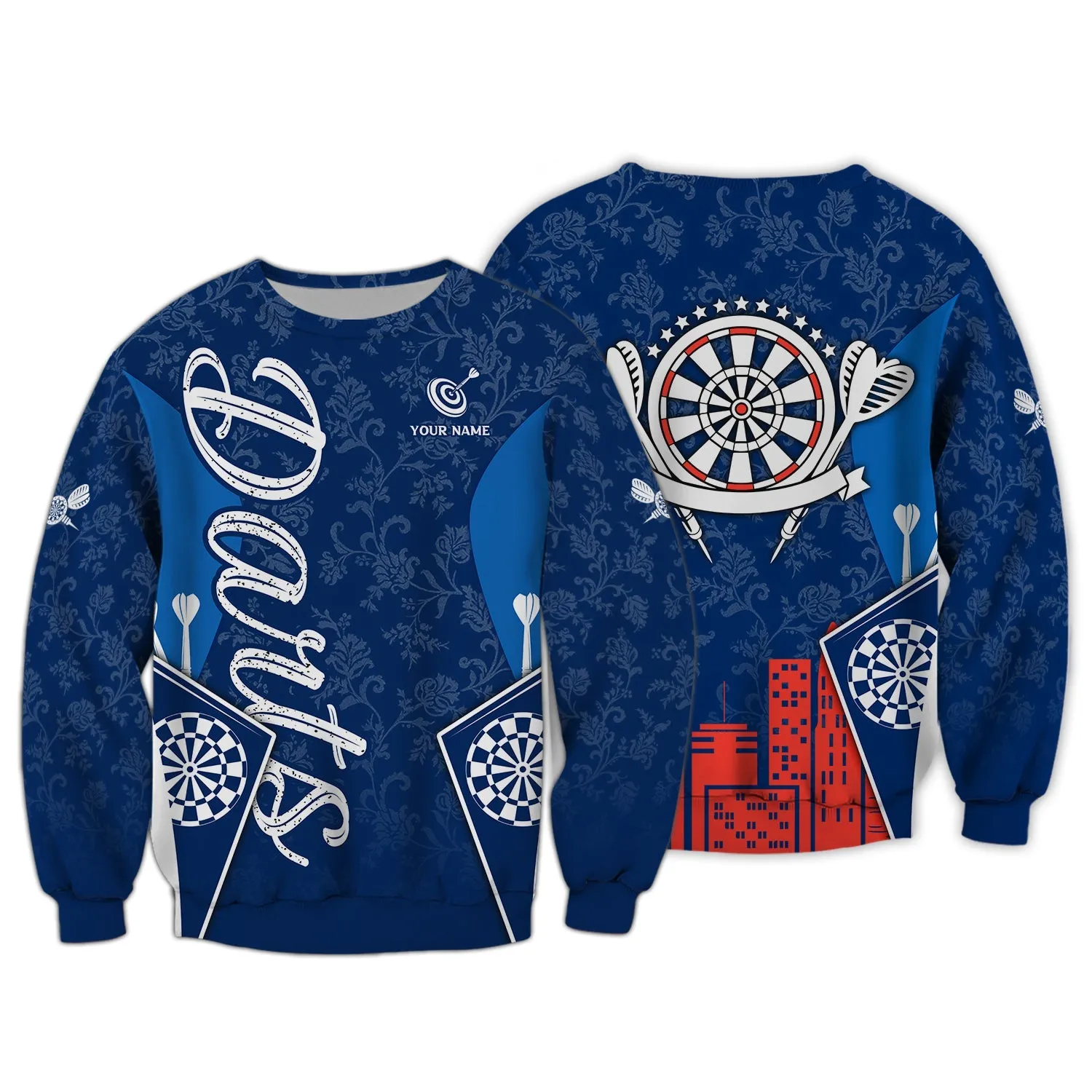 Personalized Name Darts Blue Flower Pattern 3D Printed Sweatshirt Hoodie Shirts, Gift for Dart Lovers Christmas