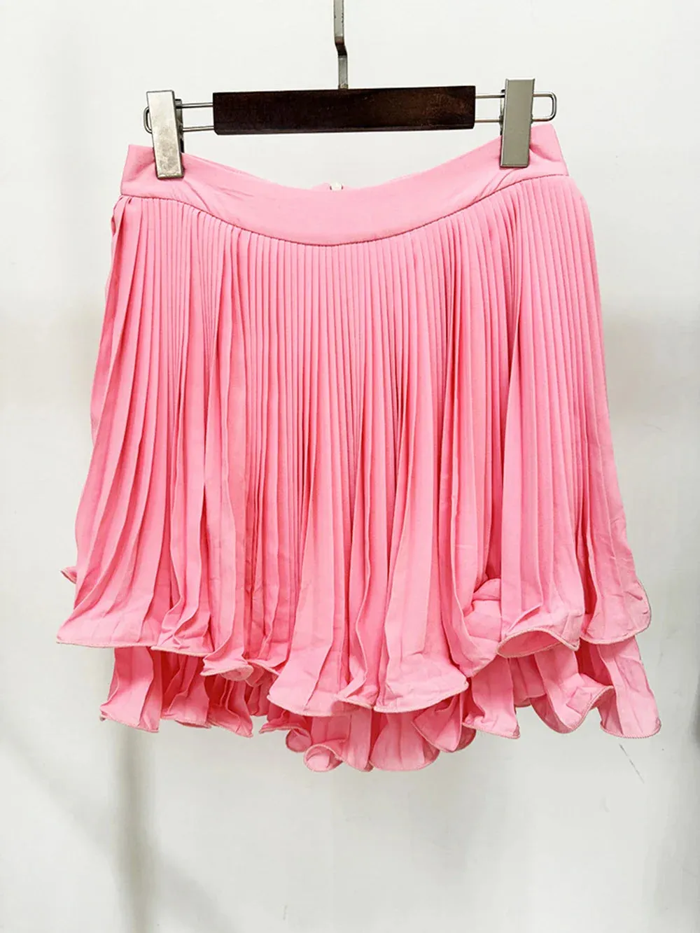 Pink Pleated Stylish Frill Mini Skirt