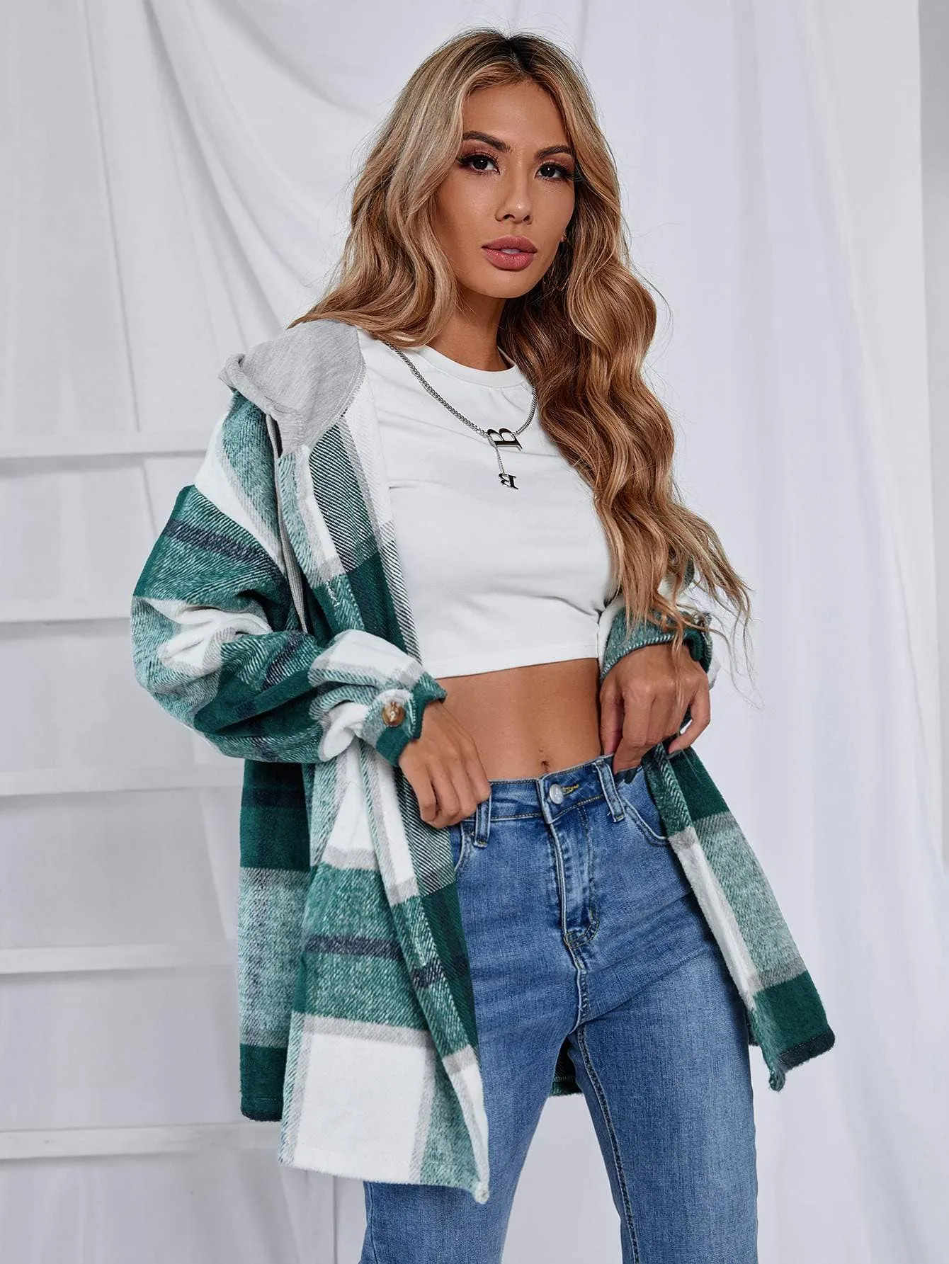 Plaid button front drawstring hooded coat