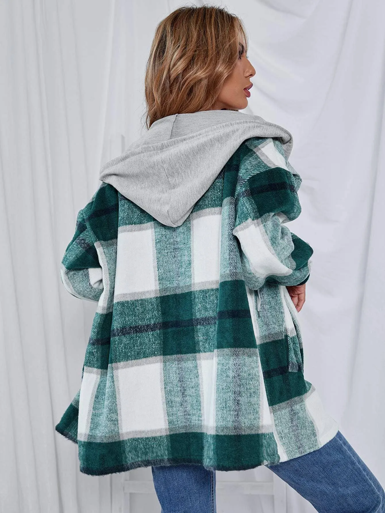 Plaid button front drawstring hooded coat