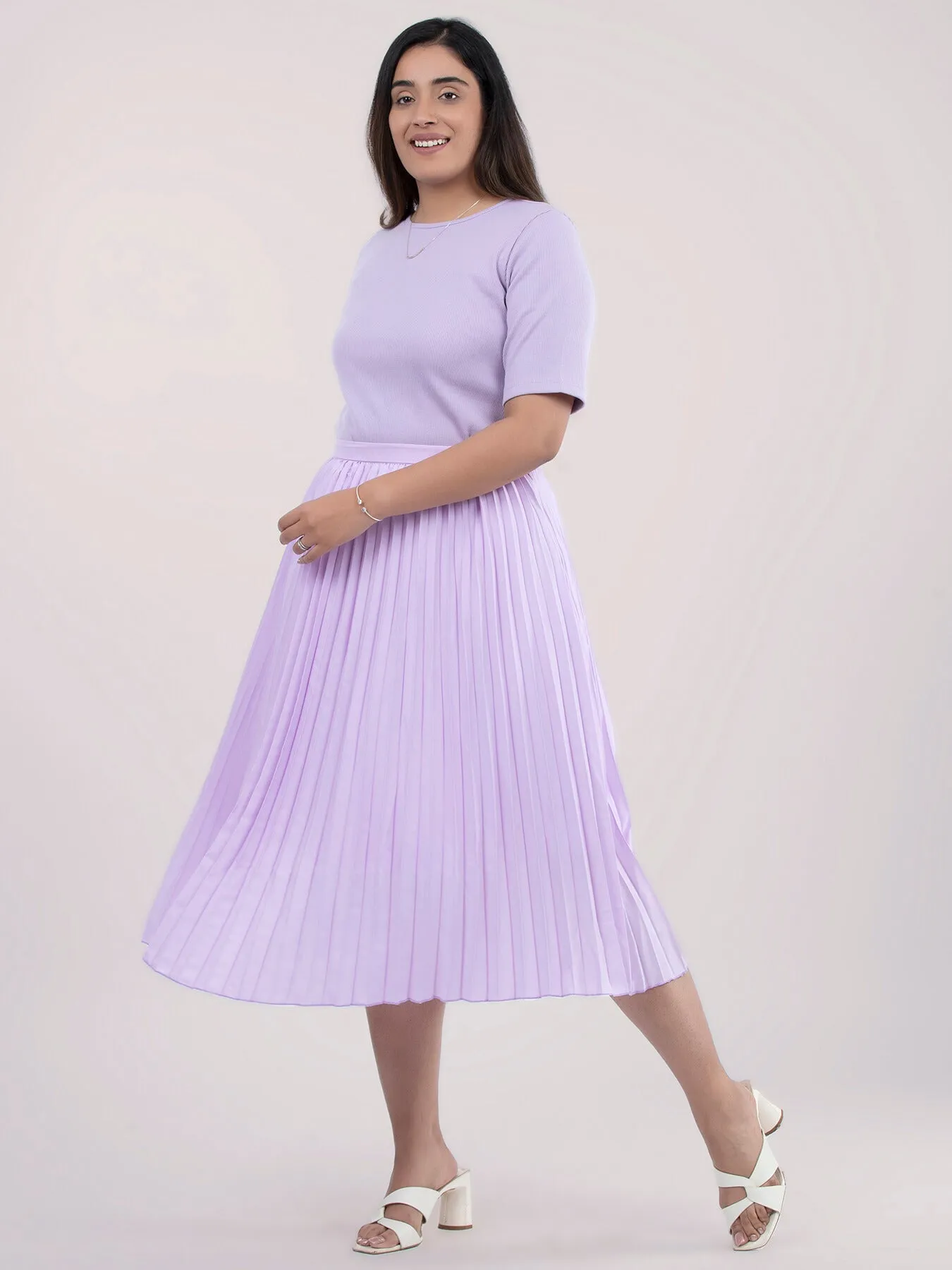 Pleated Flared Midi Skirt - Purple