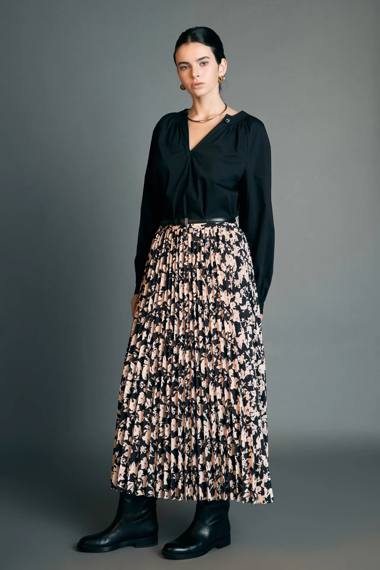 Pleated Print Midi Skirt