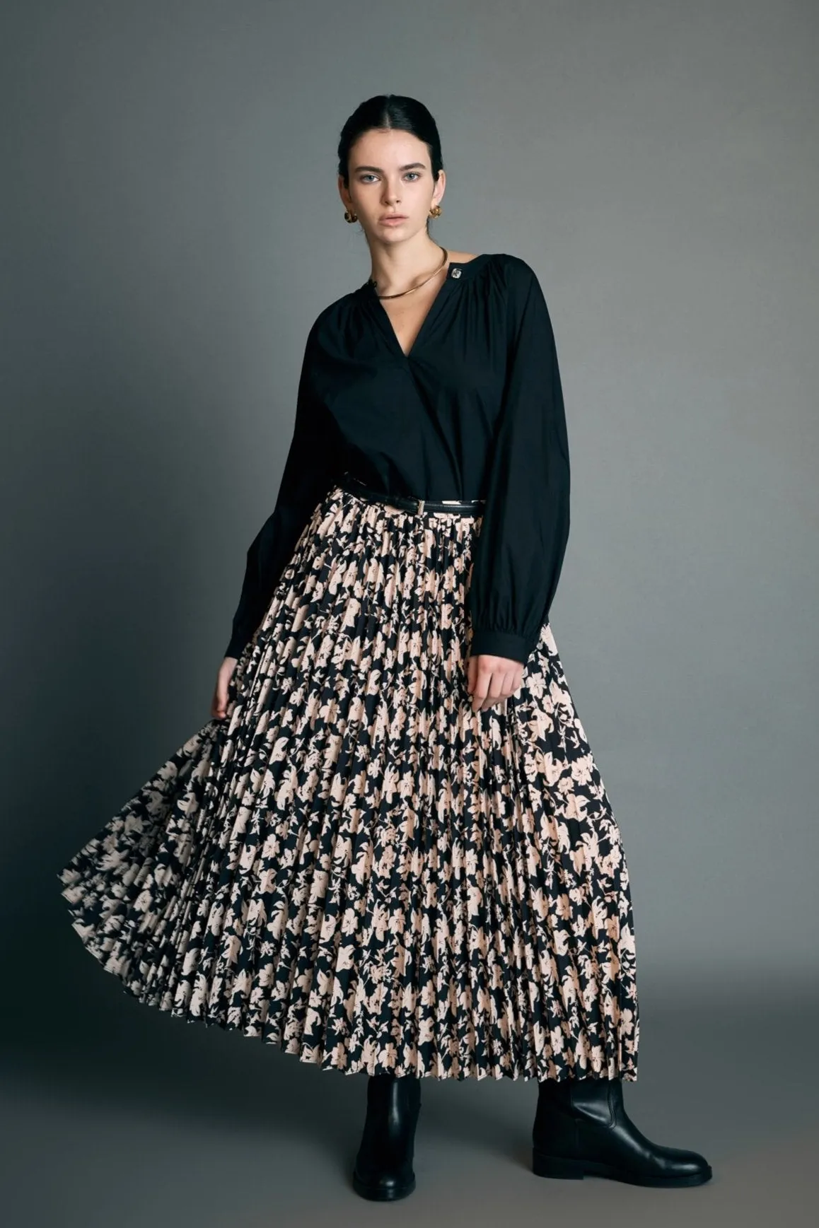 Pleated Print Midi Skirt