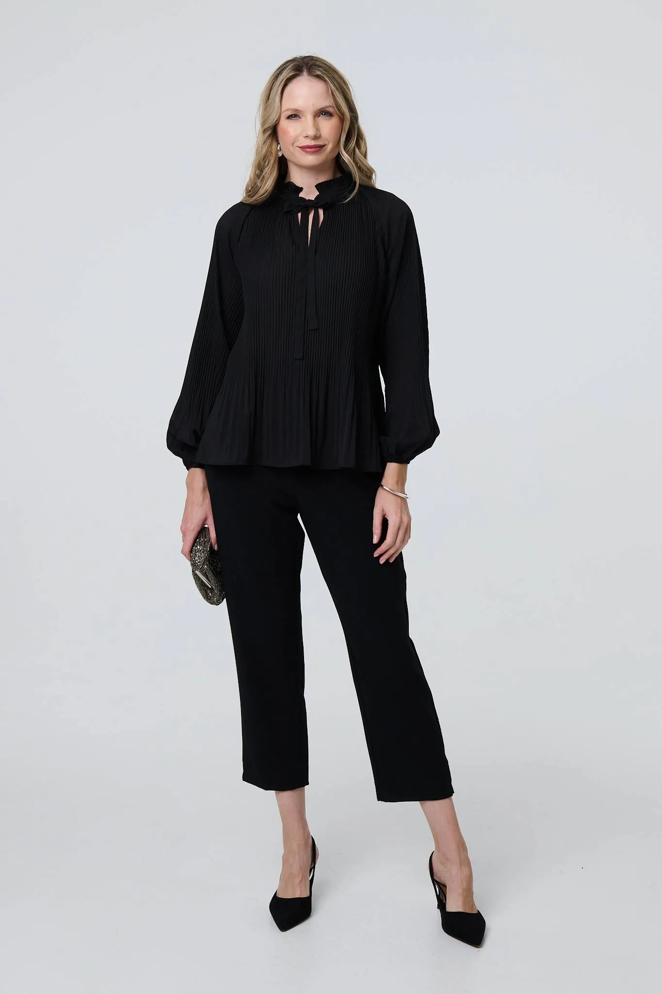 Pleated Tie Neck Long Sleeve Blouse