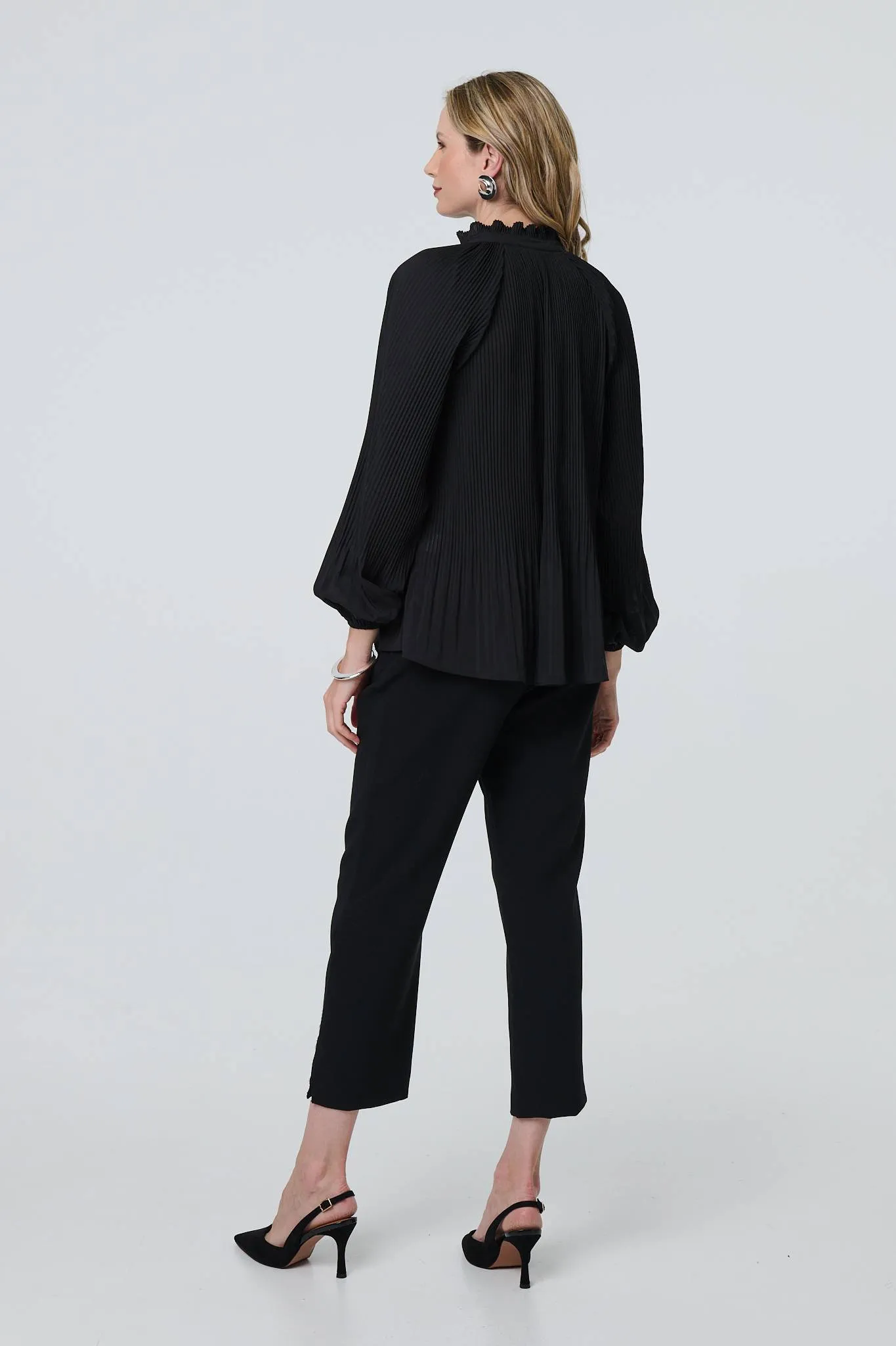 Pleated Tie Neck Long Sleeve Blouse