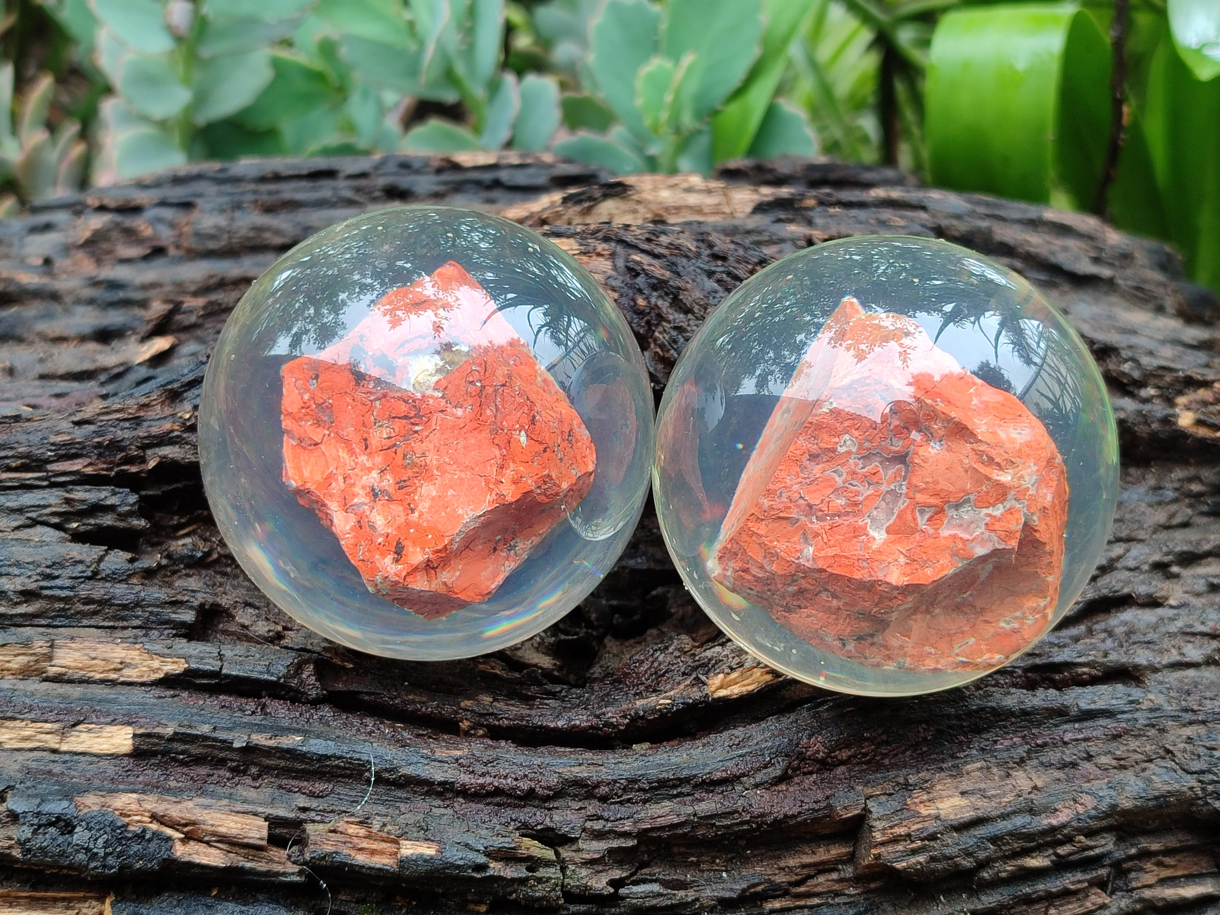 Polished  Brecciated Red Jasper cobbed piece in PVC Resin Sphere - sold per item - From Northern Cape, South Africa