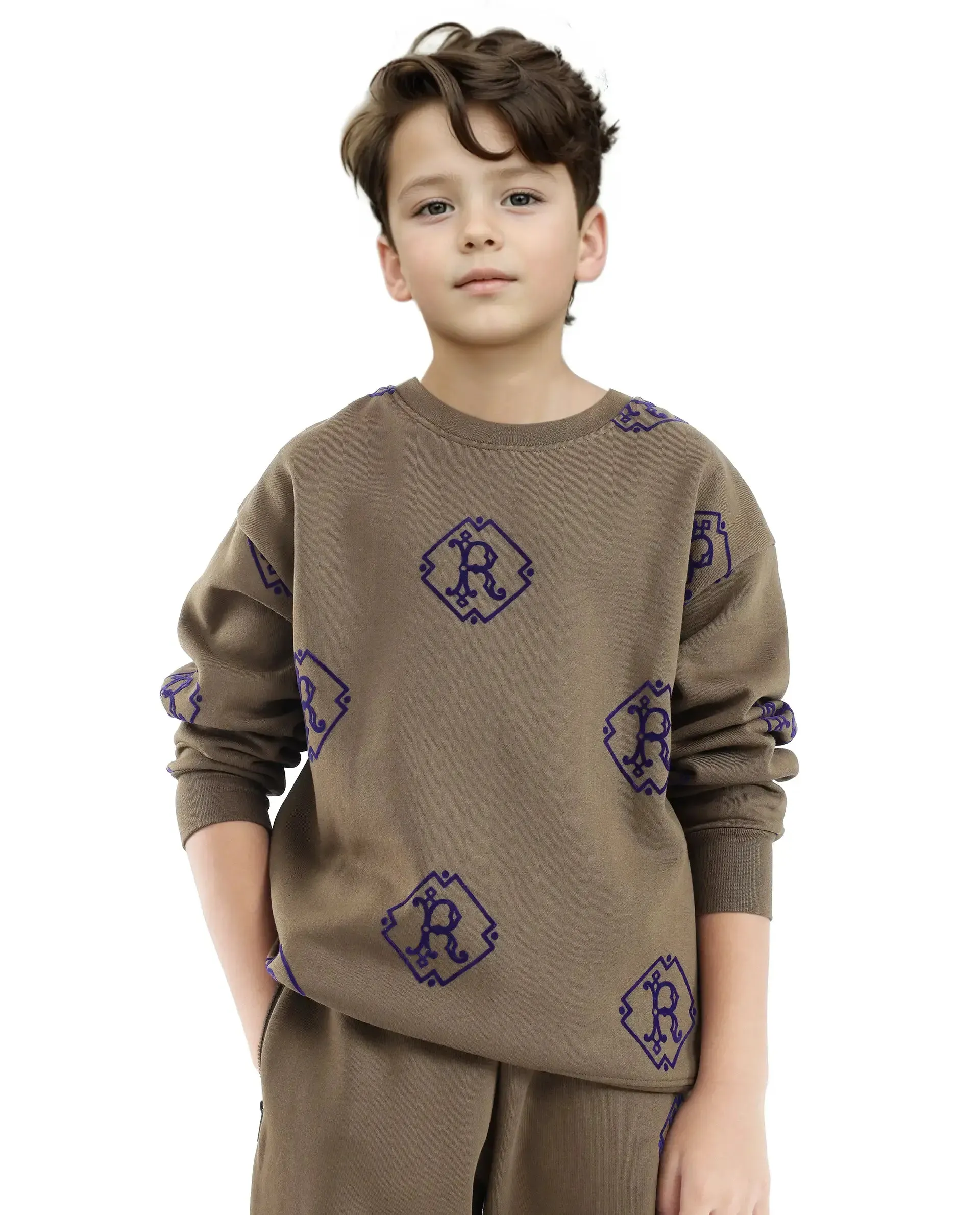 Rare Ones Kids Ronz Olive Cotton Poly Full Sleeve Flock Print Sweatshirt