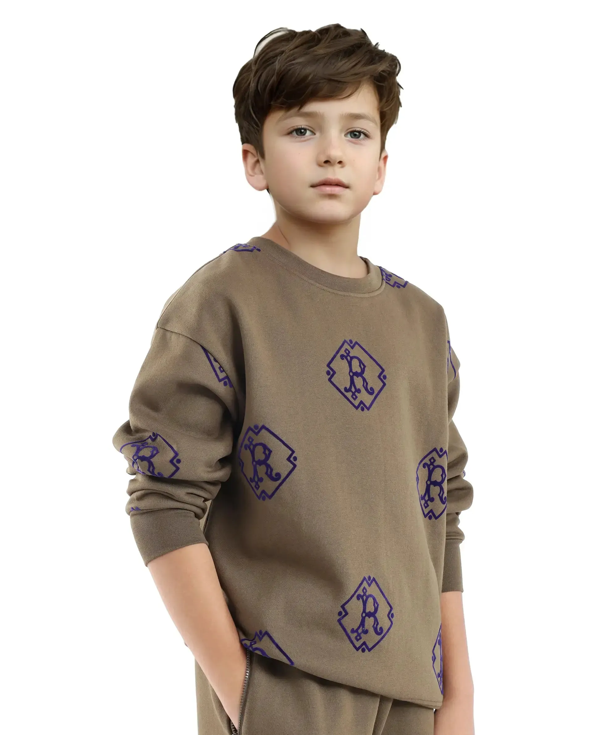 Rare Ones Kids Ronz Olive Cotton Poly Full Sleeve Flock Print Sweatshirt