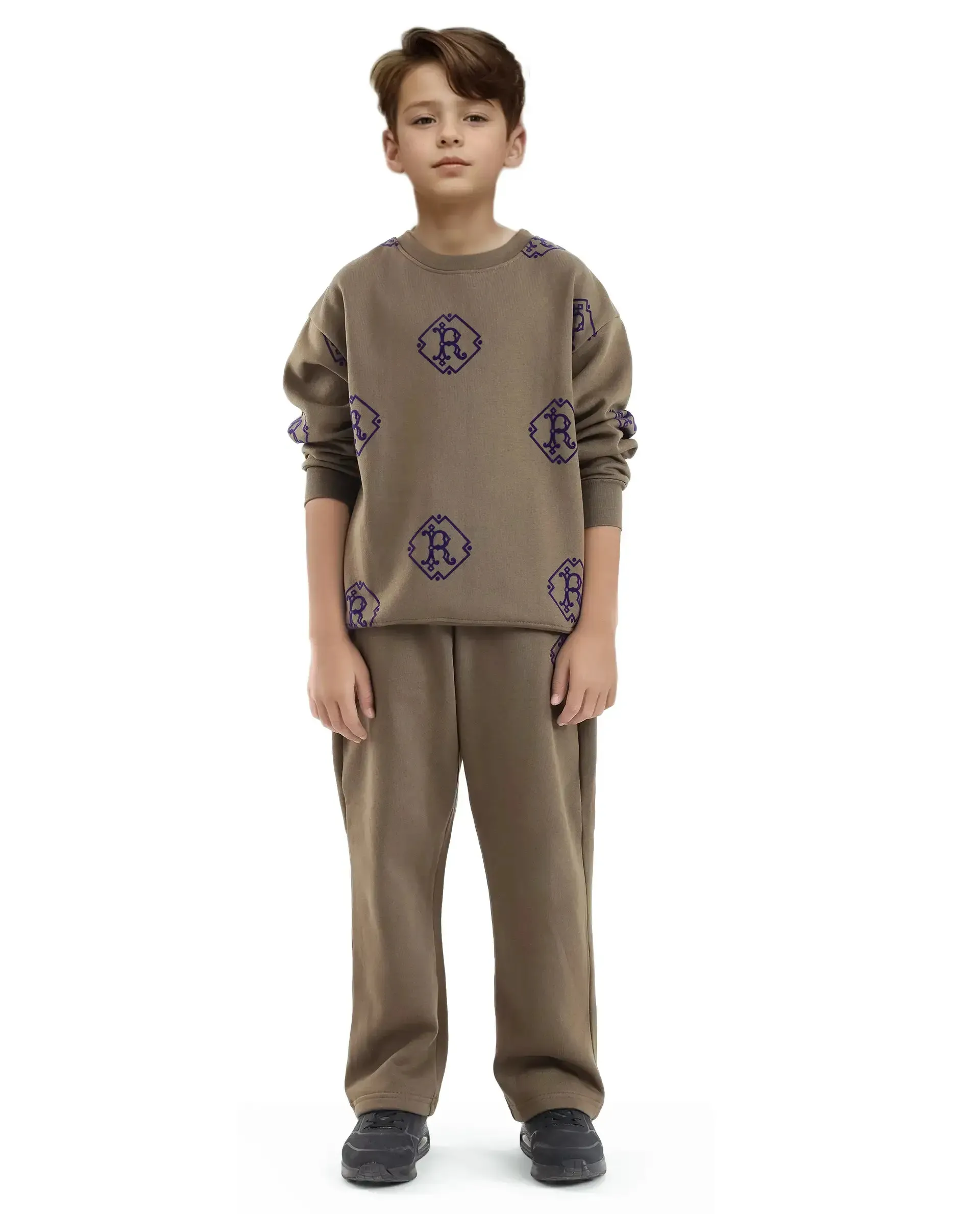 Rare Ones Kids Ronz Olive Cotton Poly Full Sleeve Flock Print Sweatshirt