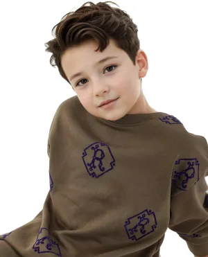 Rare Ones Kids Ronz Olive Cotton Poly Full Sleeve Flock Print Sweatshirt