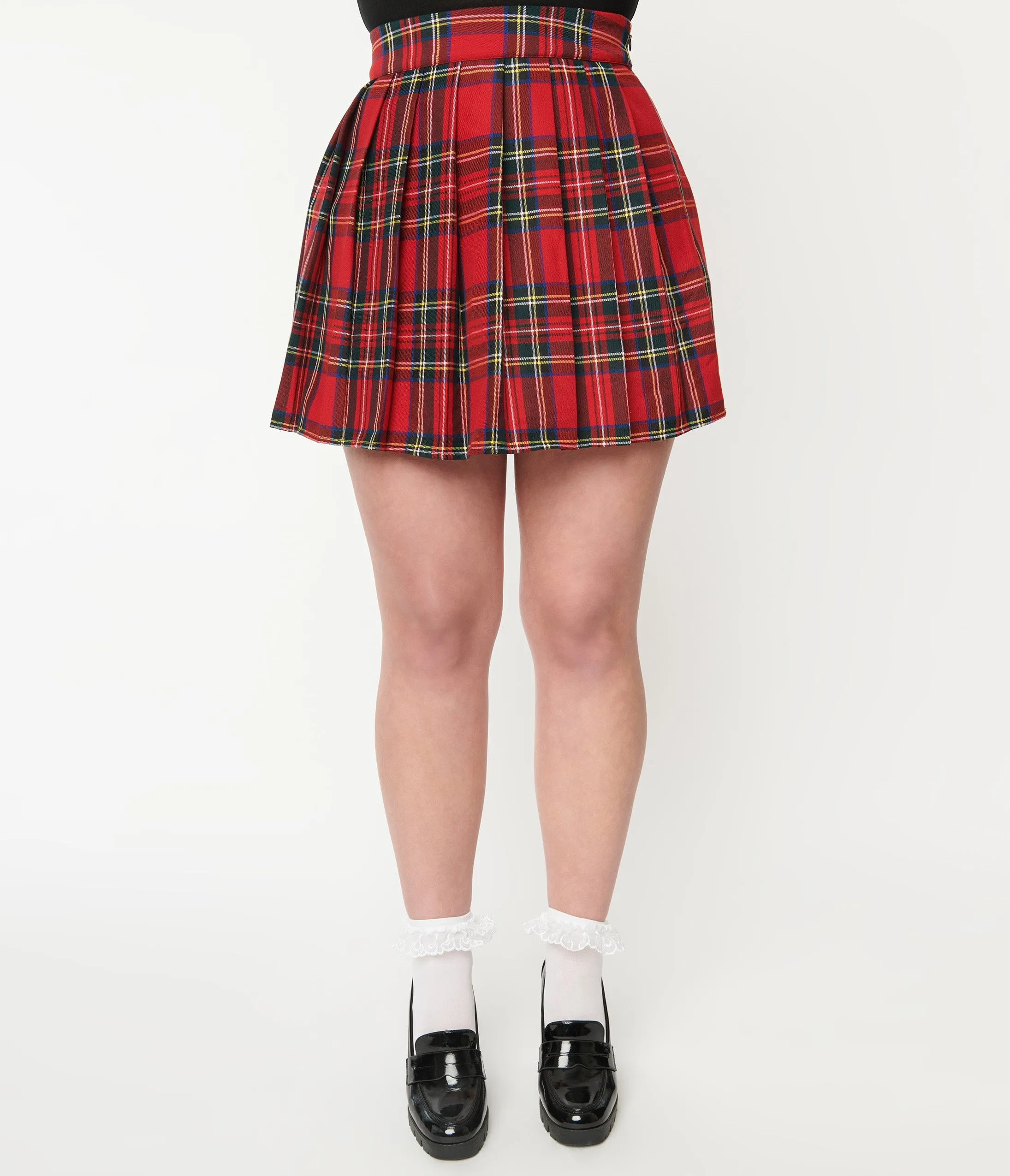 Red Plaid Pleated Mini Skirt