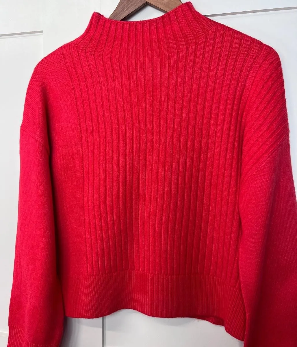 Red Ribbed Funnel Neck Jumper