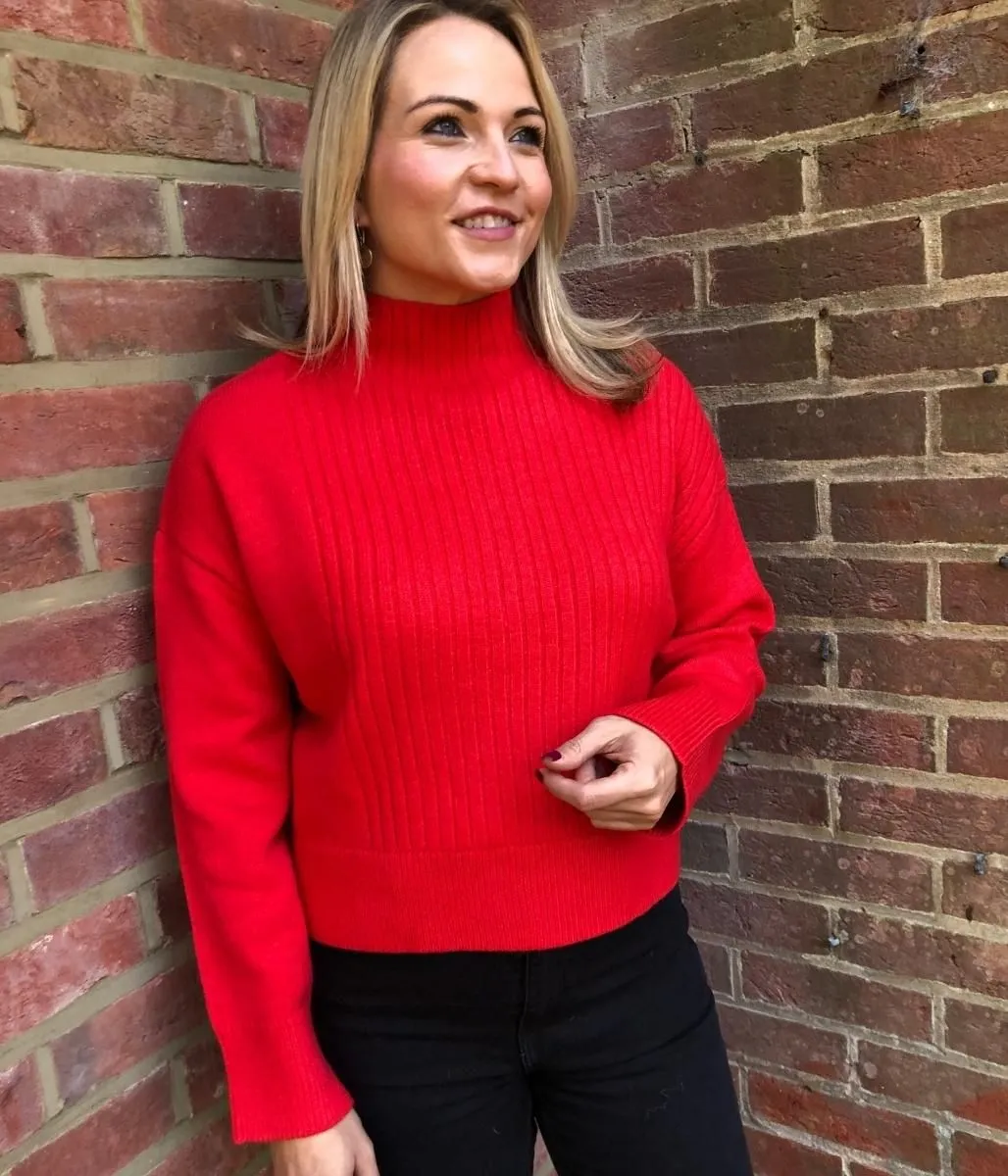 Red Ribbed Funnel Neck Jumper