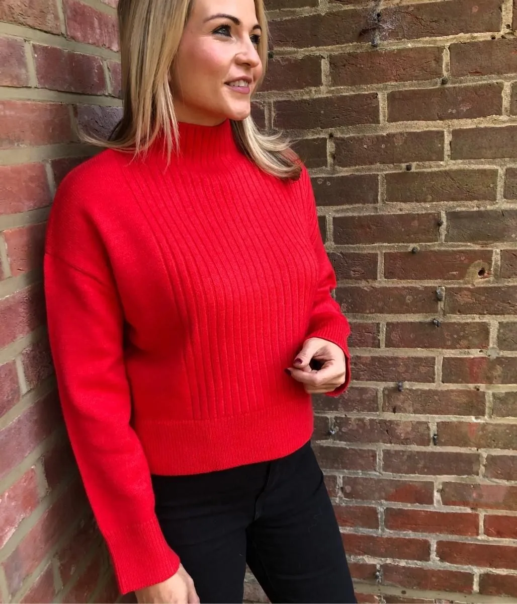 Red Ribbed Funnel Neck Jumper