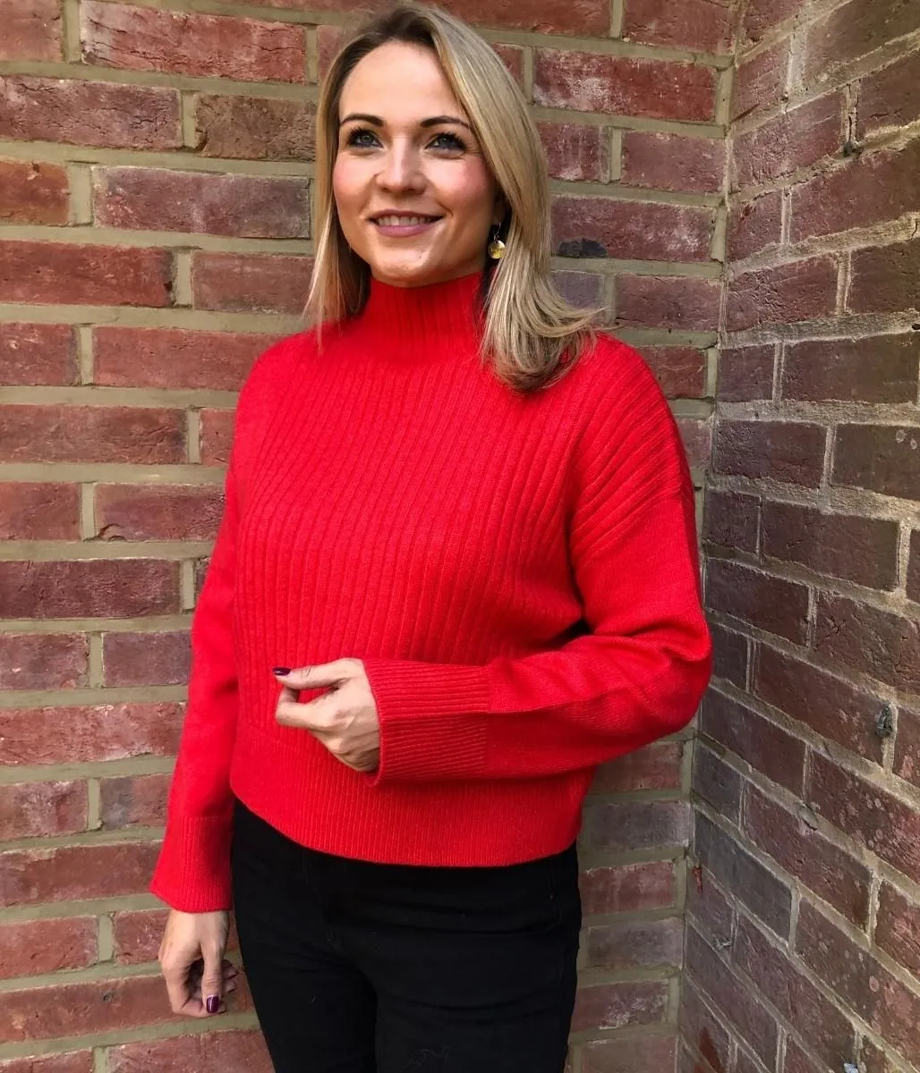 Red Ribbed Funnel Neck Jumper