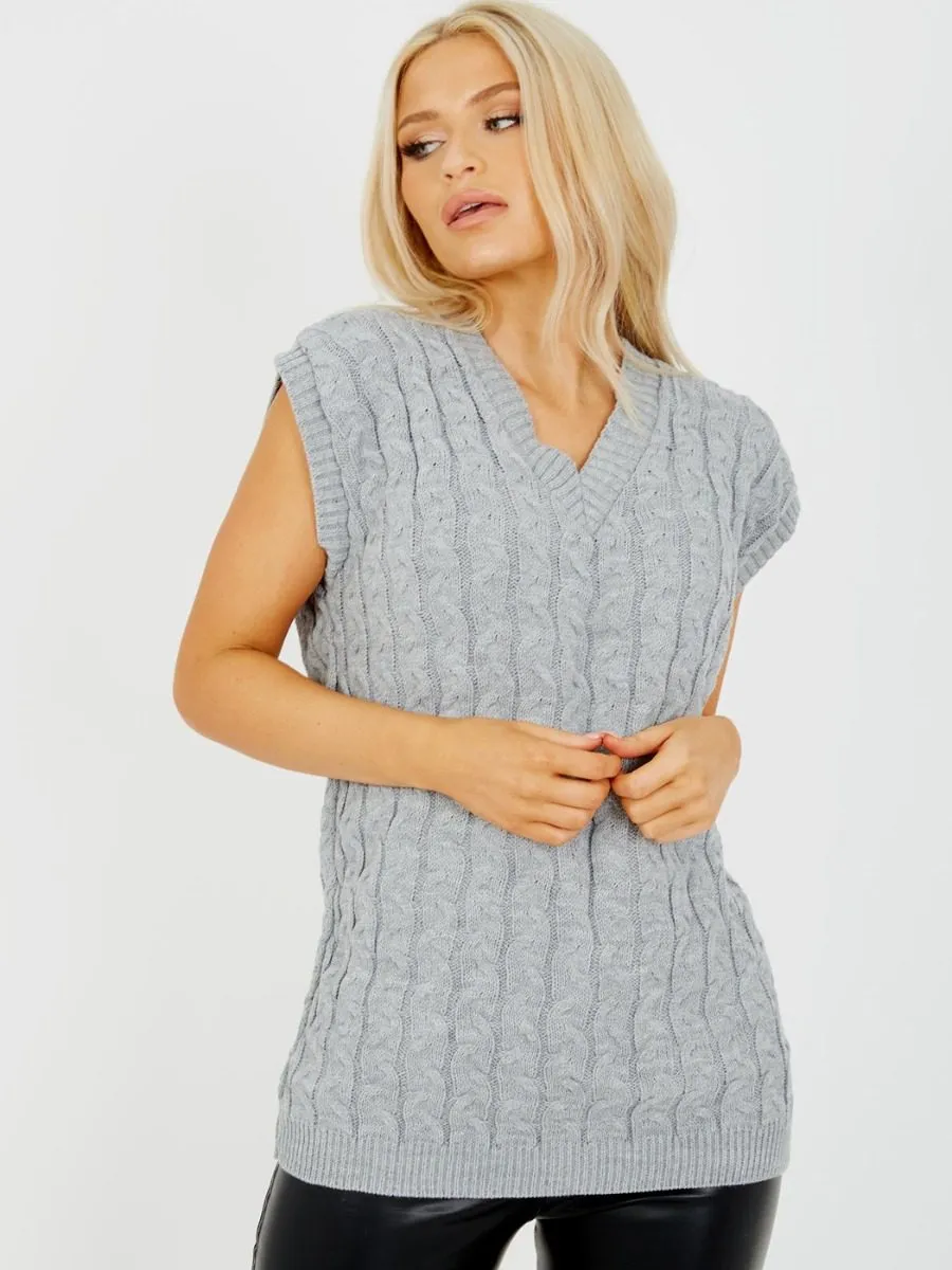 Roberta Cable Knit V-Neck Sleeveless Jumper In Grey