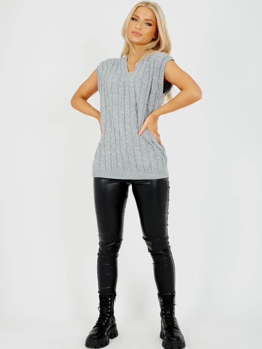 Roberta Cable Knit V-Neck Sleeveless Jumper In Grey