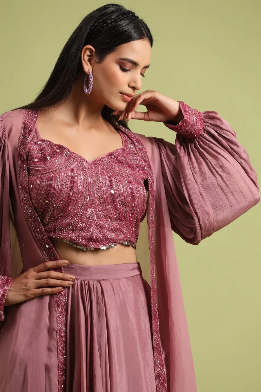 Rosewood Pink Embellished Lehenga &amp; Blouse with Cape