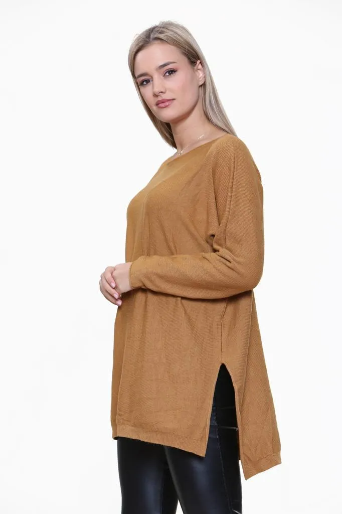 Round Neck Side Slit Jumper Top