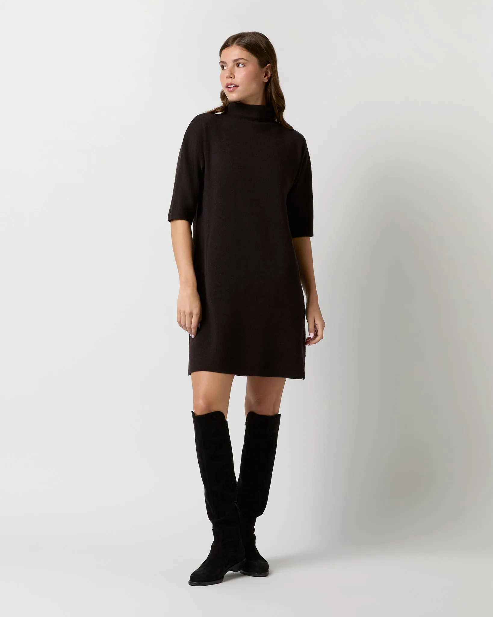 Rowan Short-Sleeved Funnel-Neck Dress in Chocolate Extra Fine Merino Wool