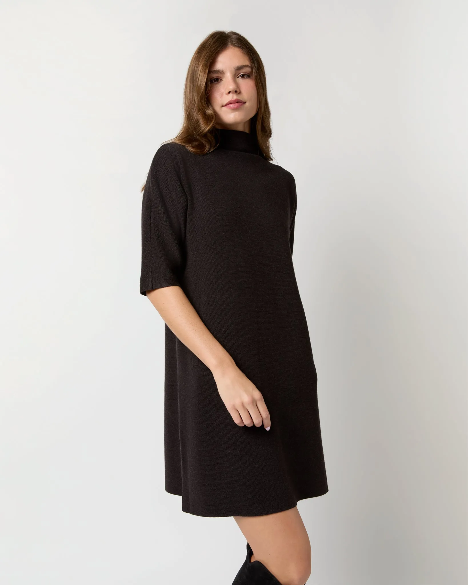 Rowan Short-Sleeved Funnel-Neck Dress in Chocolate Extra Fine Merino Wool