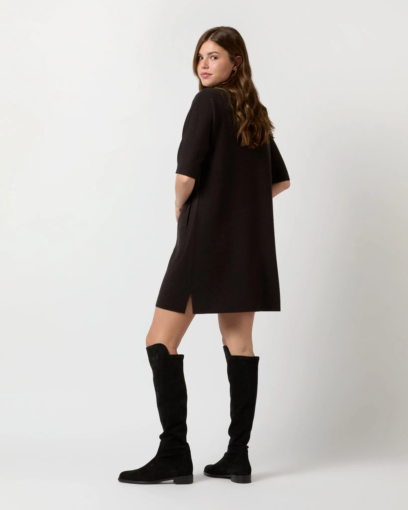 Rowan Short-Sleeved Funnel-Neck Dress in Chocolate Extra Fine Merino Wool