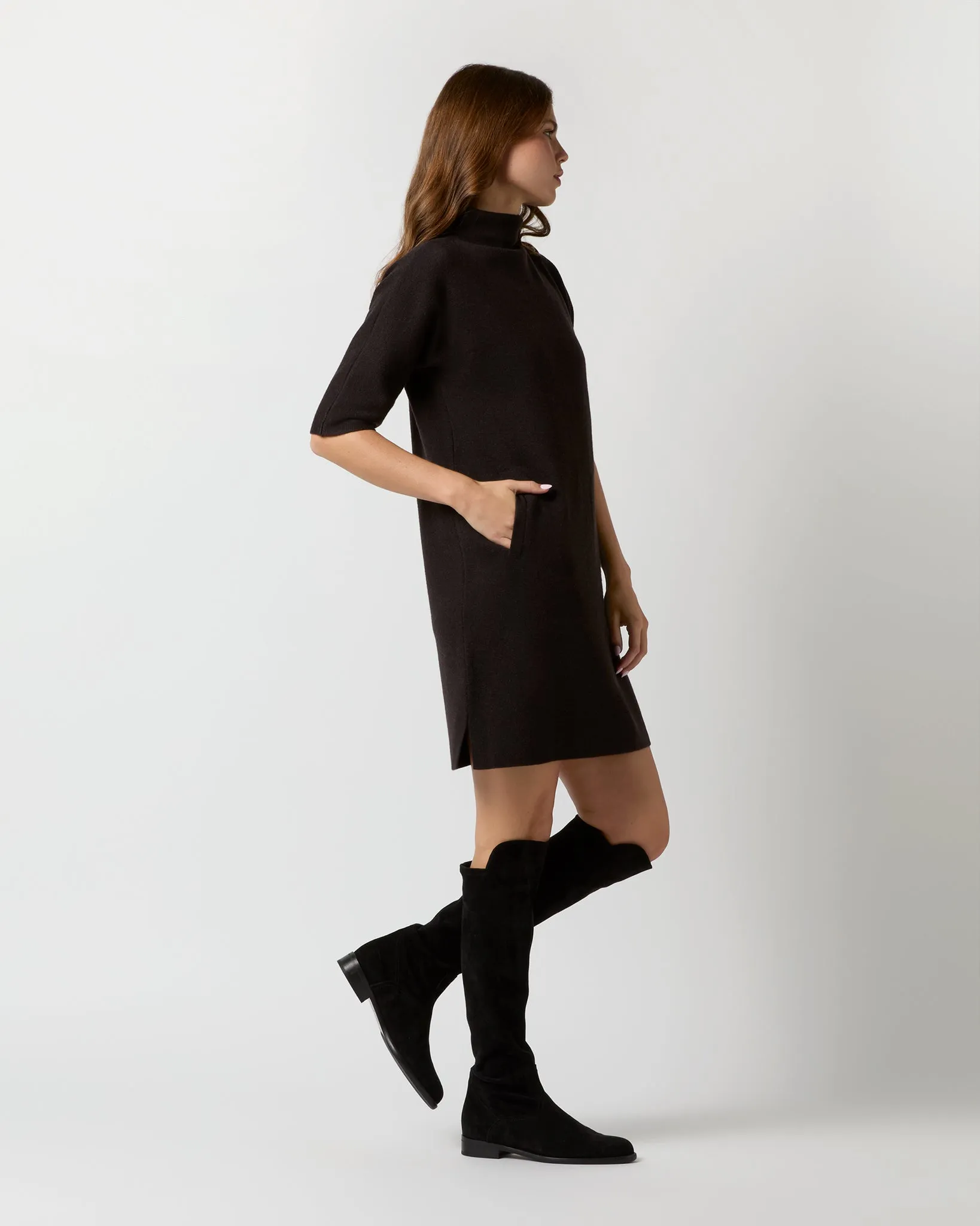 Rowan Short-Sleeved Funnel-Neck Dress in Chocolate Extra Fine Merino Wool