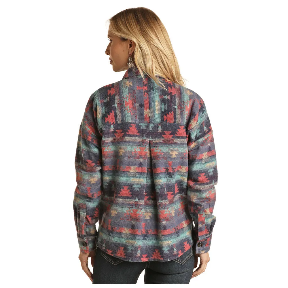 RRWO92R08H Rock & Roll Denim Women's Shacket Shirt Jacket - Indigo Print