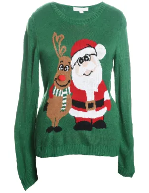 Santa Claus & Reindeer Green Knit Christmas Jumper - L