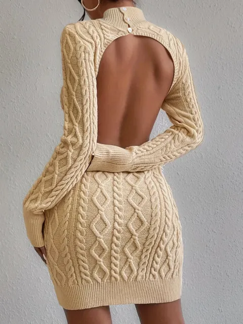 Sexy Ivory Cable Knit Backless Dress