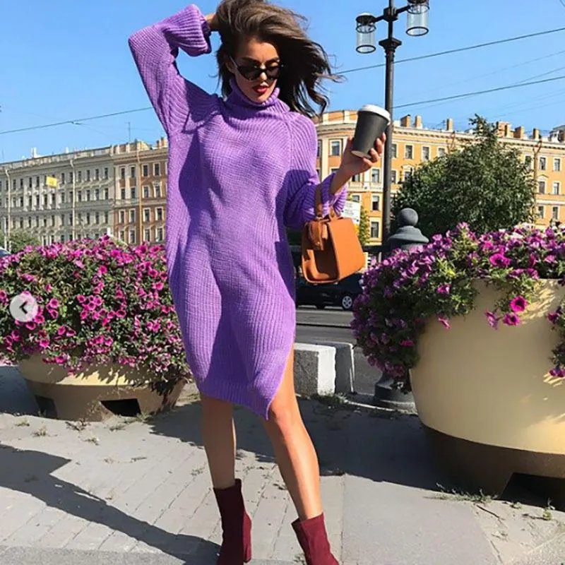 Solid Color Long Sleeve Sweater Mini Dress