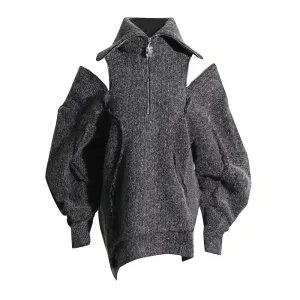 Solid Hollow Out Minimalist Knitting Sweater For Women Lapel Long Sleeve Patchwork Zipper Loose Sweaters Female New