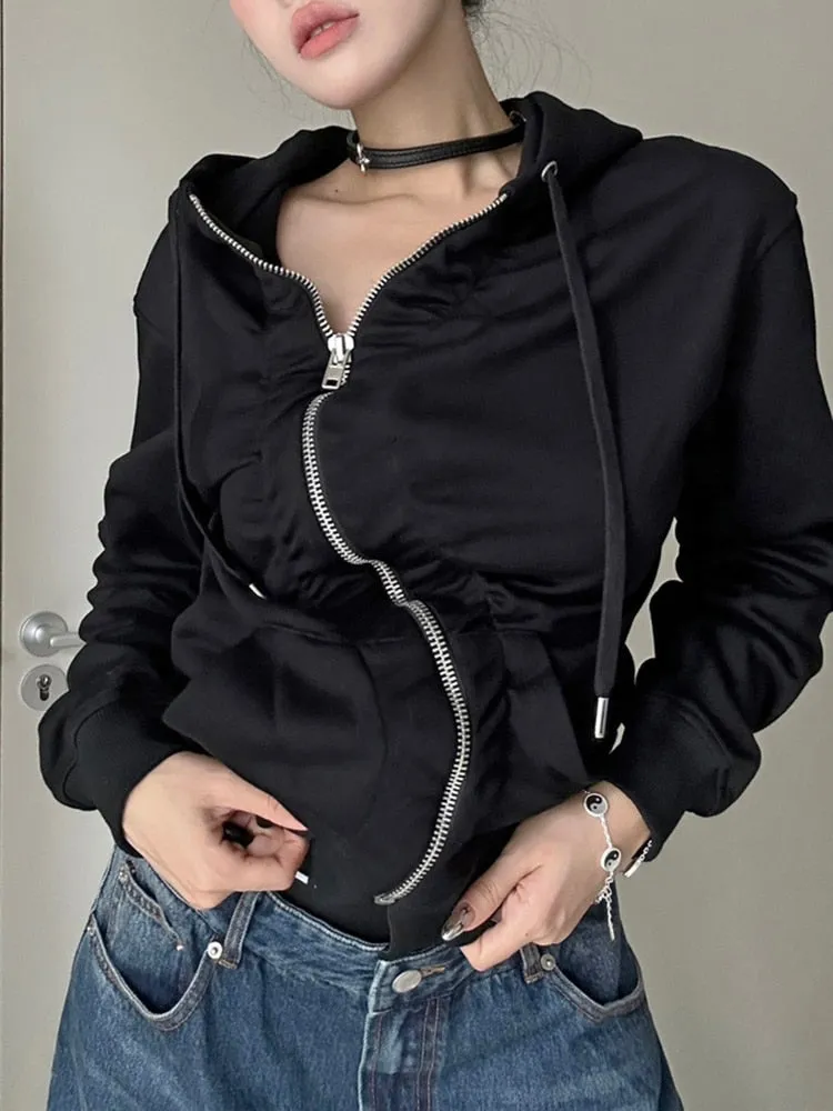 Solid Patchwork Asymmetrical Folds Casual Sweatshirts For Women Hooded Long Sleeve Spliced Zipper Sweatshirt Female