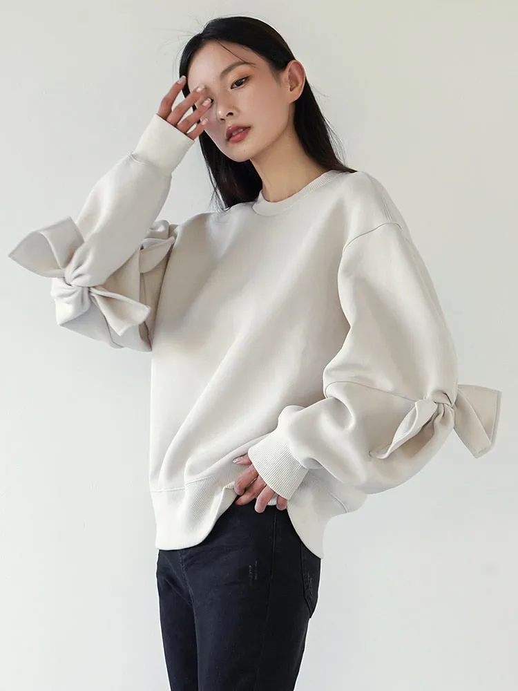 Solid Patchwork Bowknot Sweatshirts For Women Round Neck Long Sleeve Irregular Design Sweatshirt Female Fashion