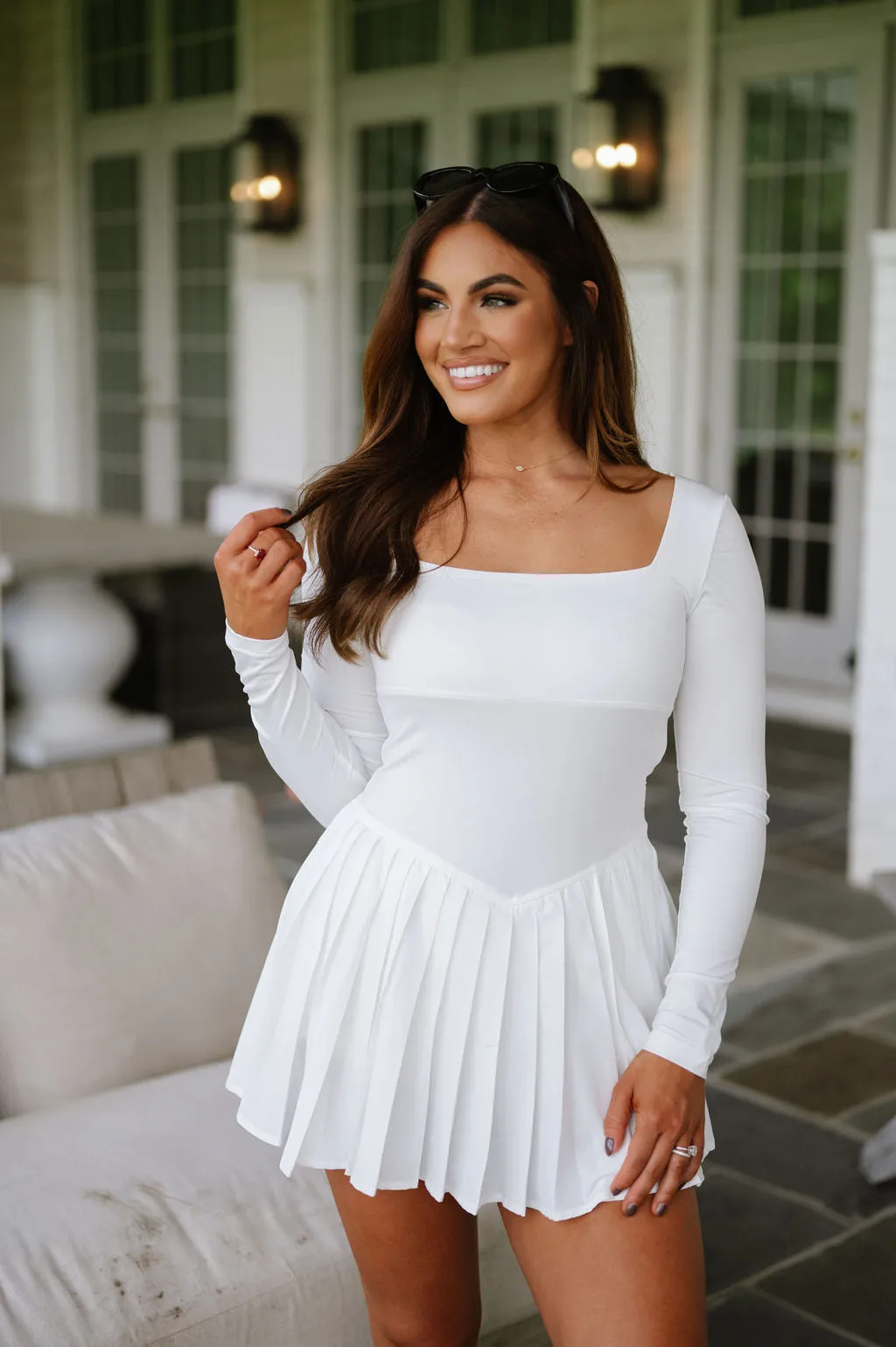 Square Neck Pleated Romper-White