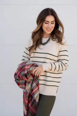 Striped Bottom Side Slit Sweater