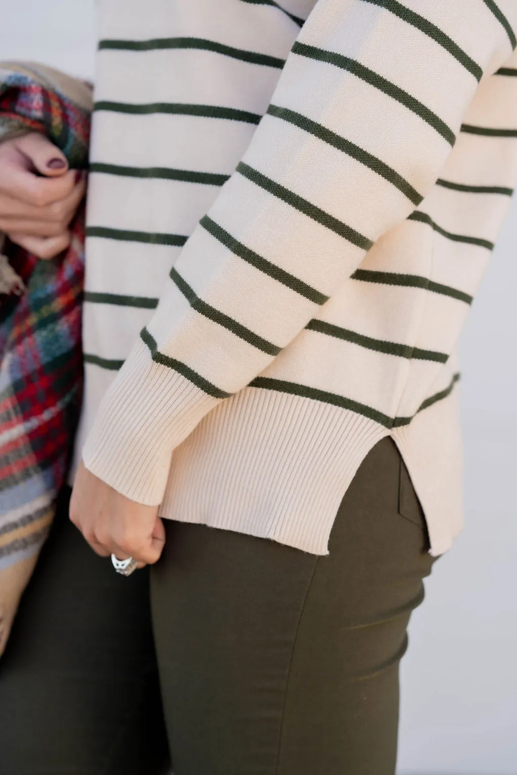 Striped Bottom Side Slit Sweater