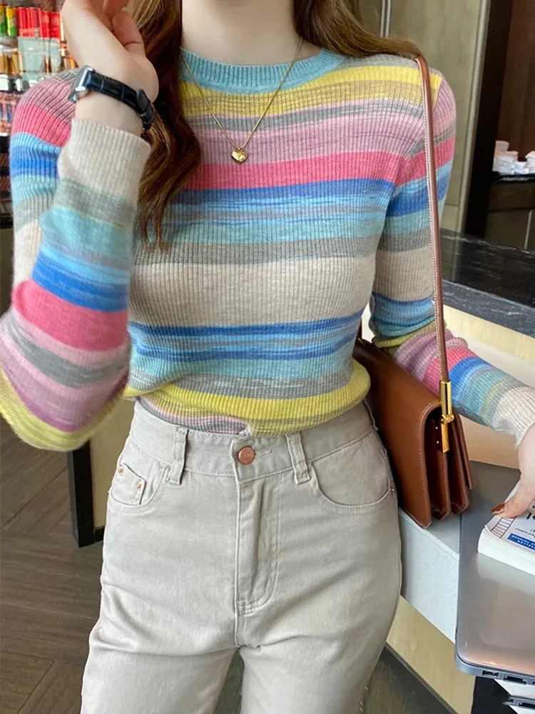 Sweet Rainbow Stripe Slim Autumn Woman Sweaters Basic y2k Cropped Top Pullover Harajuku Knitted Jumper B-046