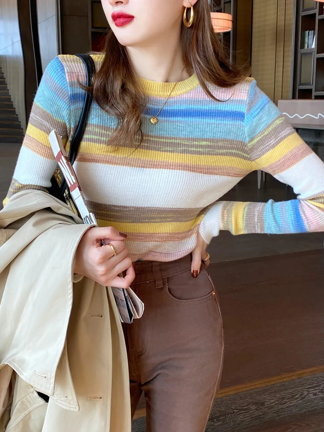 Sweet Rainbow Stripe Slim Autumn Woman Sweaters Basic y2k Cropped Top Pullover Harajuku Knitted Jumper B-046