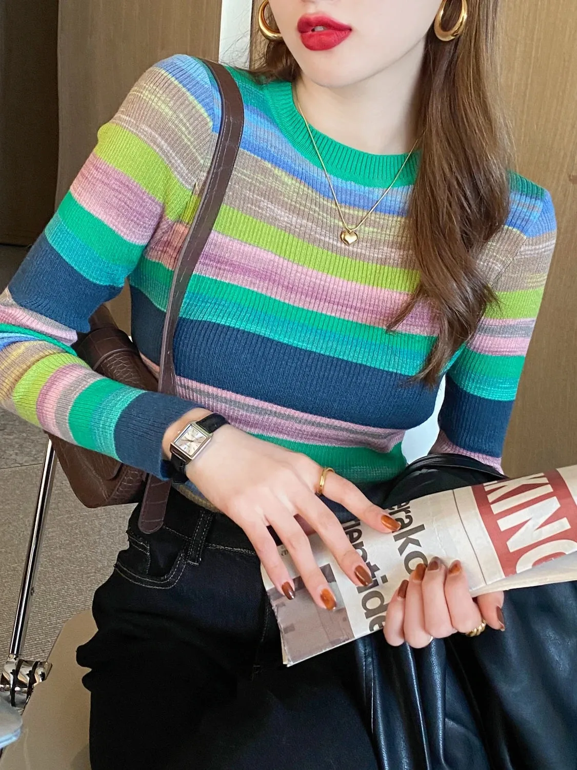 Sweet Rainbow Stripe Slim Autumn Woman Sweaters Basic y2k Cropped Top Pullover Harajuku Knitted Jumper B-046